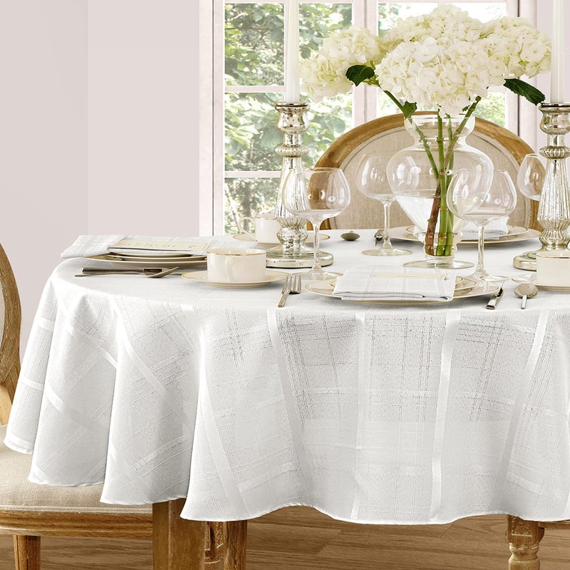 Newbridge 60 x 84 Inch Oval Fabric Tablecloth, Elegance Plaid, 100% Polyester, No Iron Soil Resistant Dining Room, Party and Banquet Table Cover, Solid Textured, White - Image 1